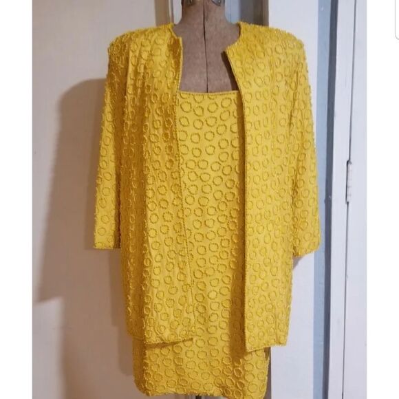 VTG 80'S He-Ro Black Tie Heavily Beaded Yellow Evening Gown/DRESS 2 PC szVTG 80' - Picture 1 of 11